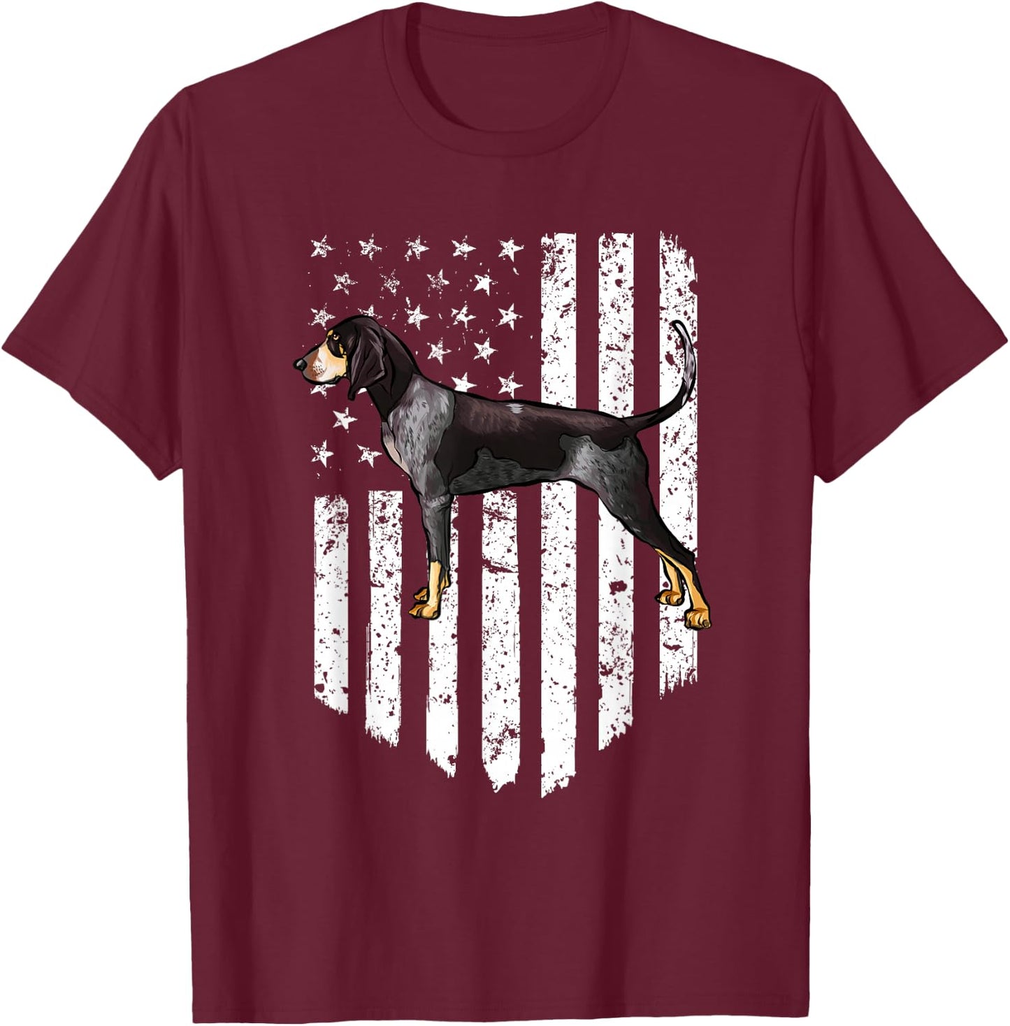 Black White American Flag Bluetick Coonhound 4th Of July USA T-Shirt - T-Shirt | Maroon
