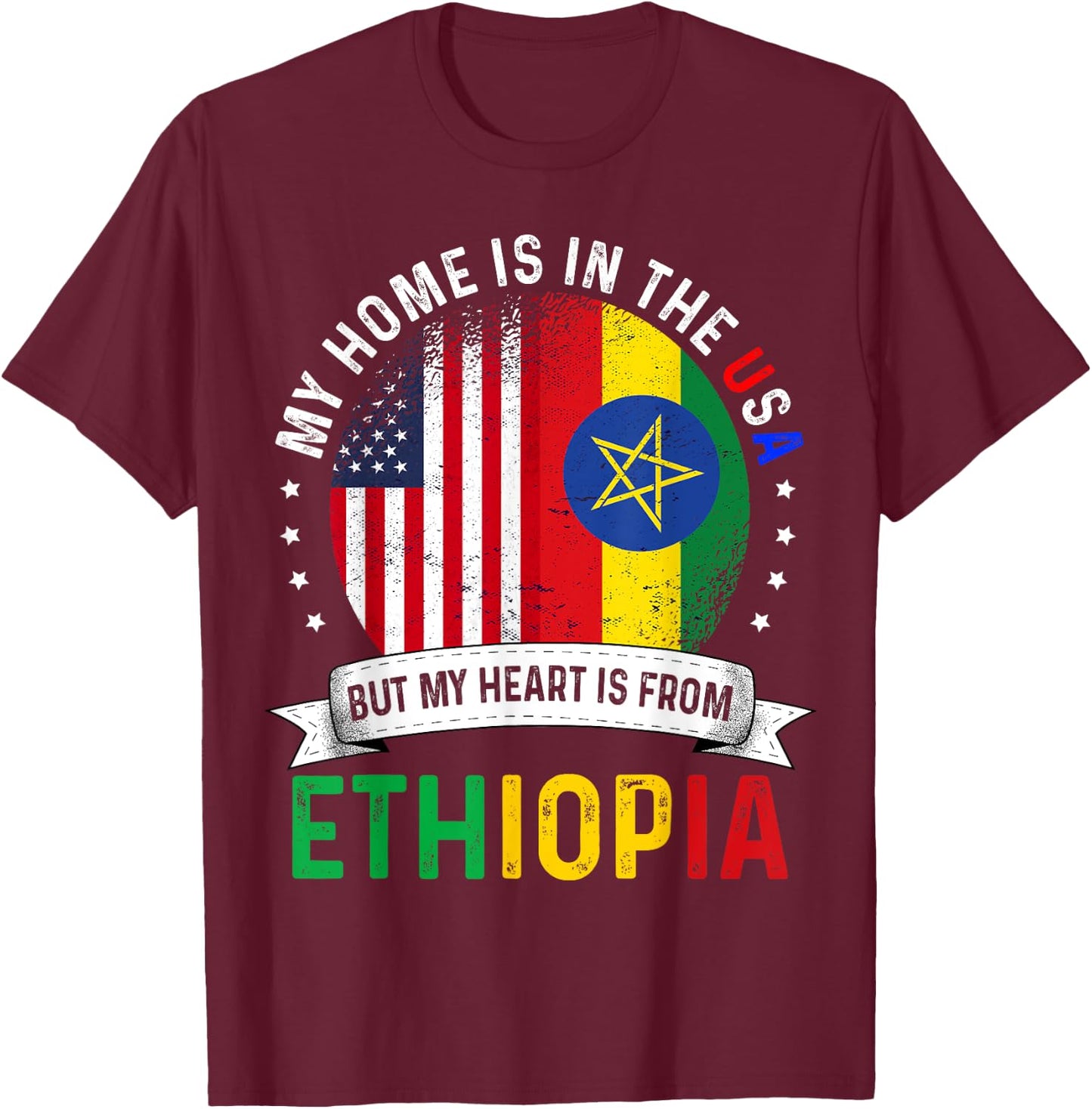 Ethiopian American Patriot Heart is from Ethiopia Flag T-Shirt - T-Shirt | Maroon