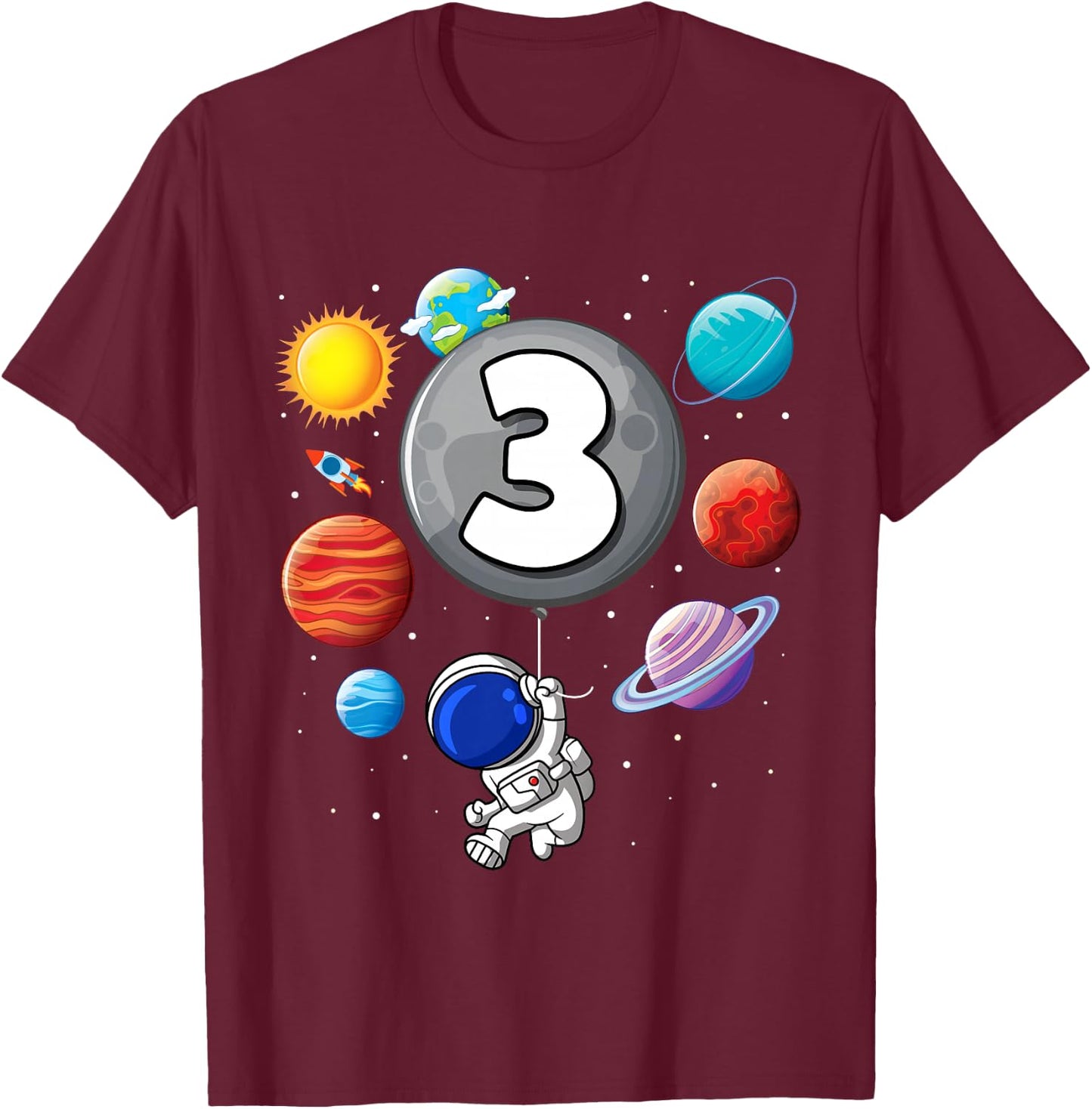 Kids Space 3rd Birthday Astronaut Balloon Planet 3 Year Old Boy T-Shirt - T-Shirt | Maroon