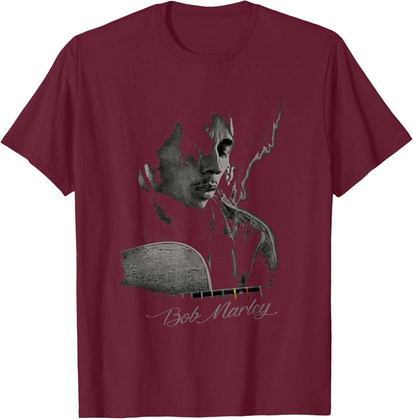 Bob Marley Catch A Fire Guitar Small T-Shirt - T-Shirt | Maroon