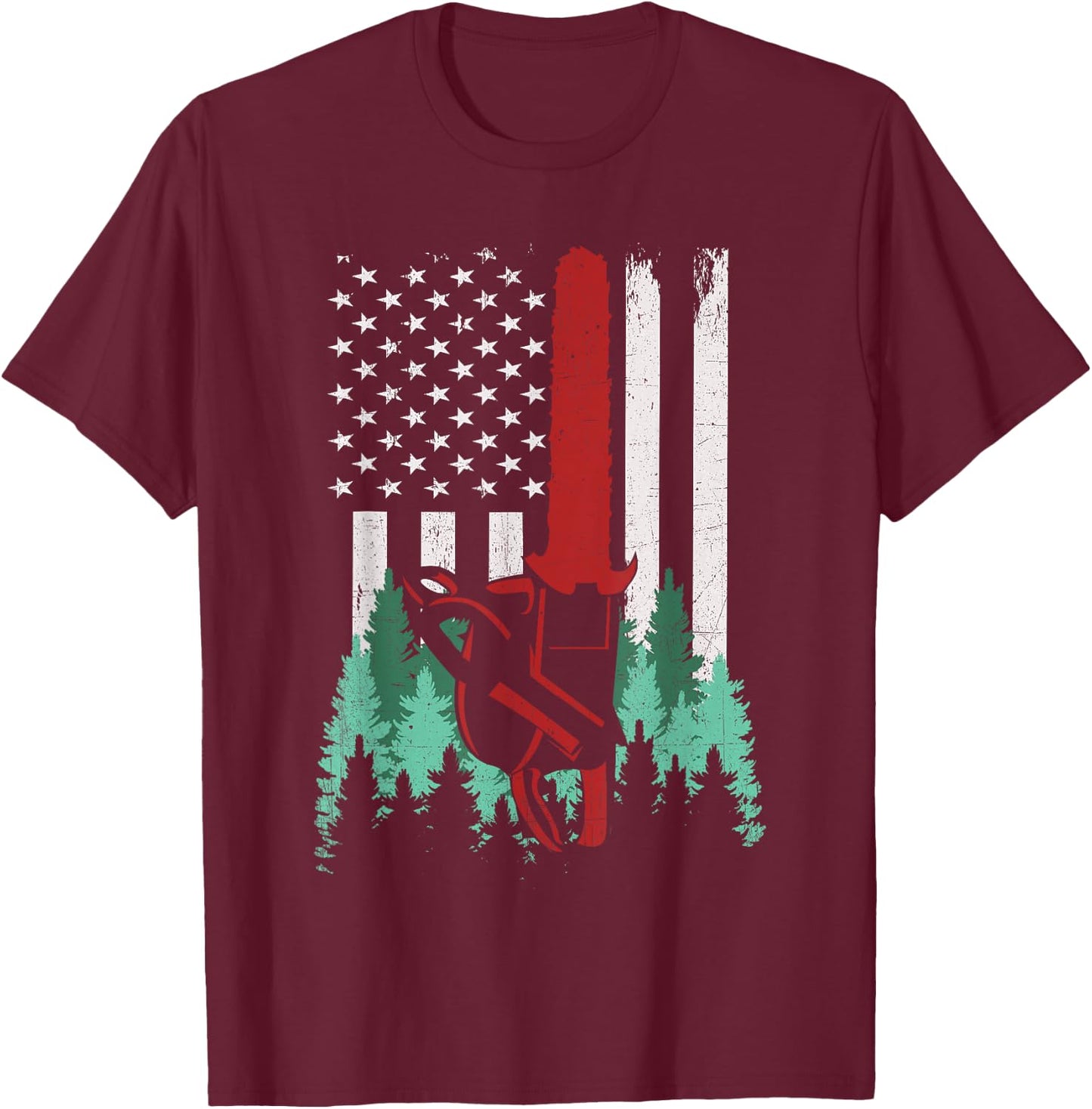 Funny Thin Red Line Logger Arborist Lumberjack American Flag Women Men T-Shirt - T-Shirt | Maroon