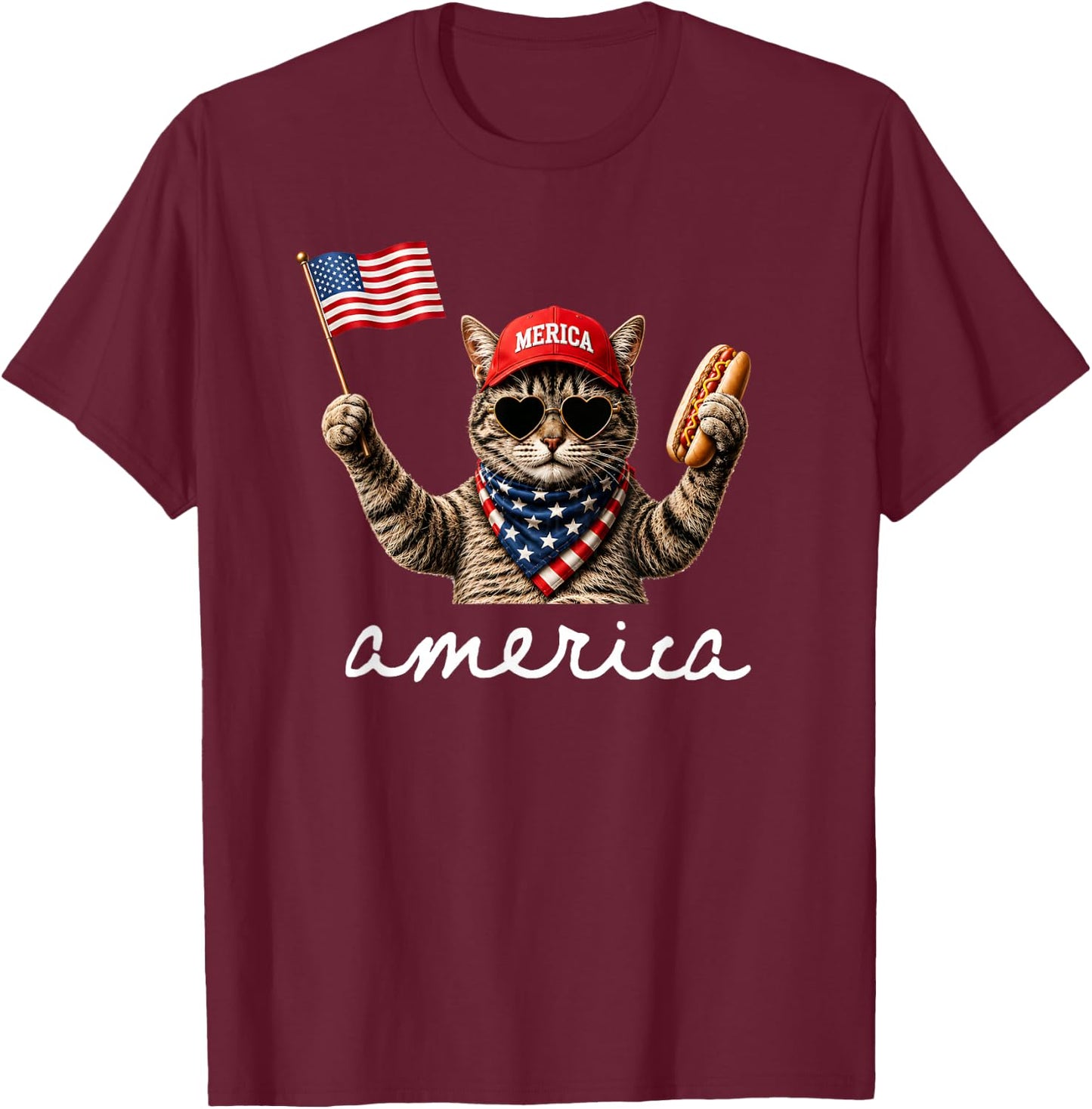 USA America Cat Hot Dog 1776-2026 4th of July 250 Years T-Shirt - T-Shirt | Maroon
