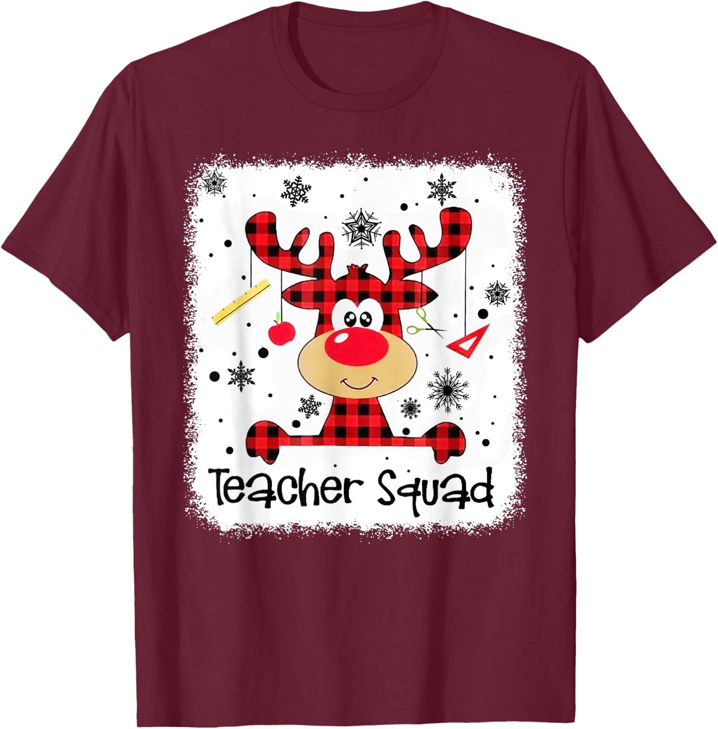 Teacher Squad Cute Red Plaid Reindeer Snow Lover Christmas T-Shirt - T-Shirt | Maroon