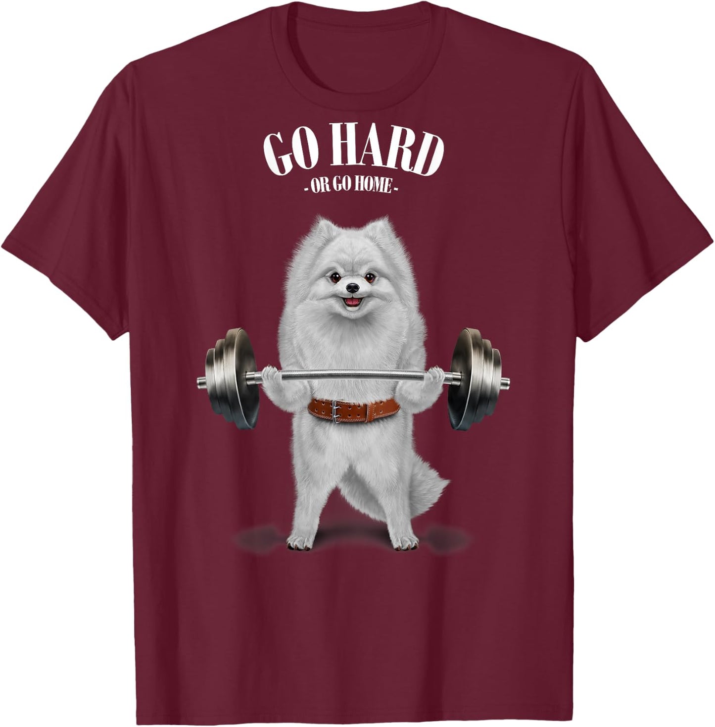 Fox Republic Design -Adults & Kids Black Cotton 100% Short Sleeve Small Classic Fit Modern Cartoon Dog White Pomeranian Dog Weightlifting in Fitness Gym T-Shirt - T-Shirt | Maroon