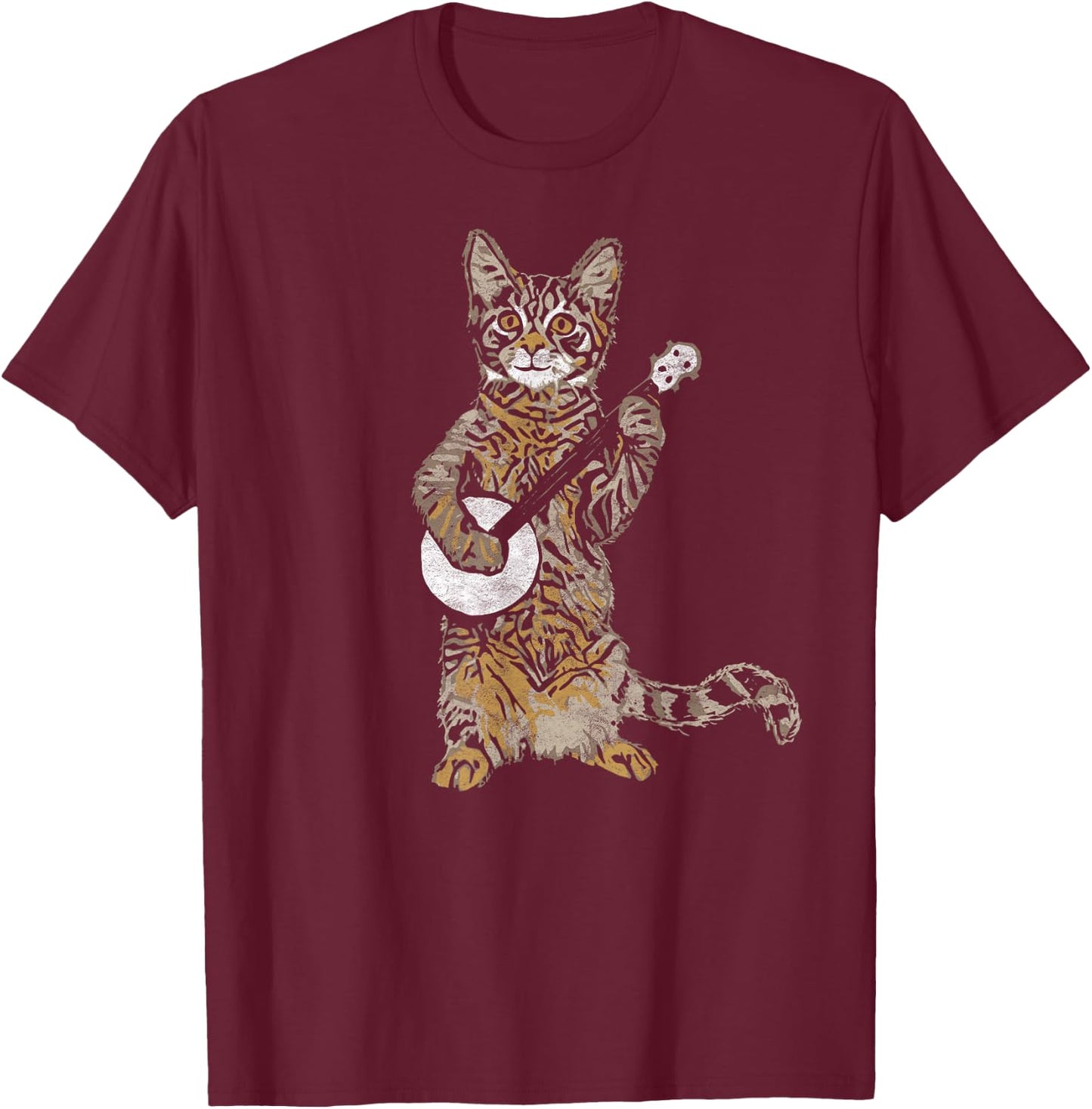 Banjo Cat - Funny Retro Style Bluegrass & Tabby Cat Lover T-Shirt - T-Shirt | Maroon