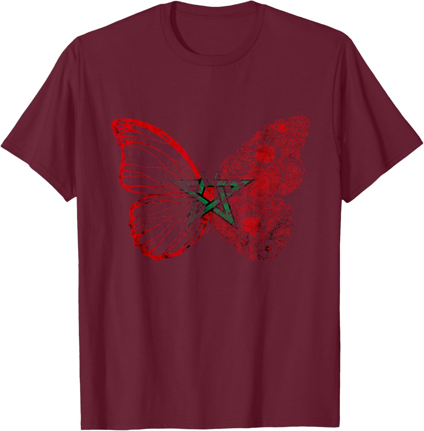 Morocco Flag Butterfly Moroccan Roots Moroccan Flag Morocco T-Shirt - T-Shirt | Maroon