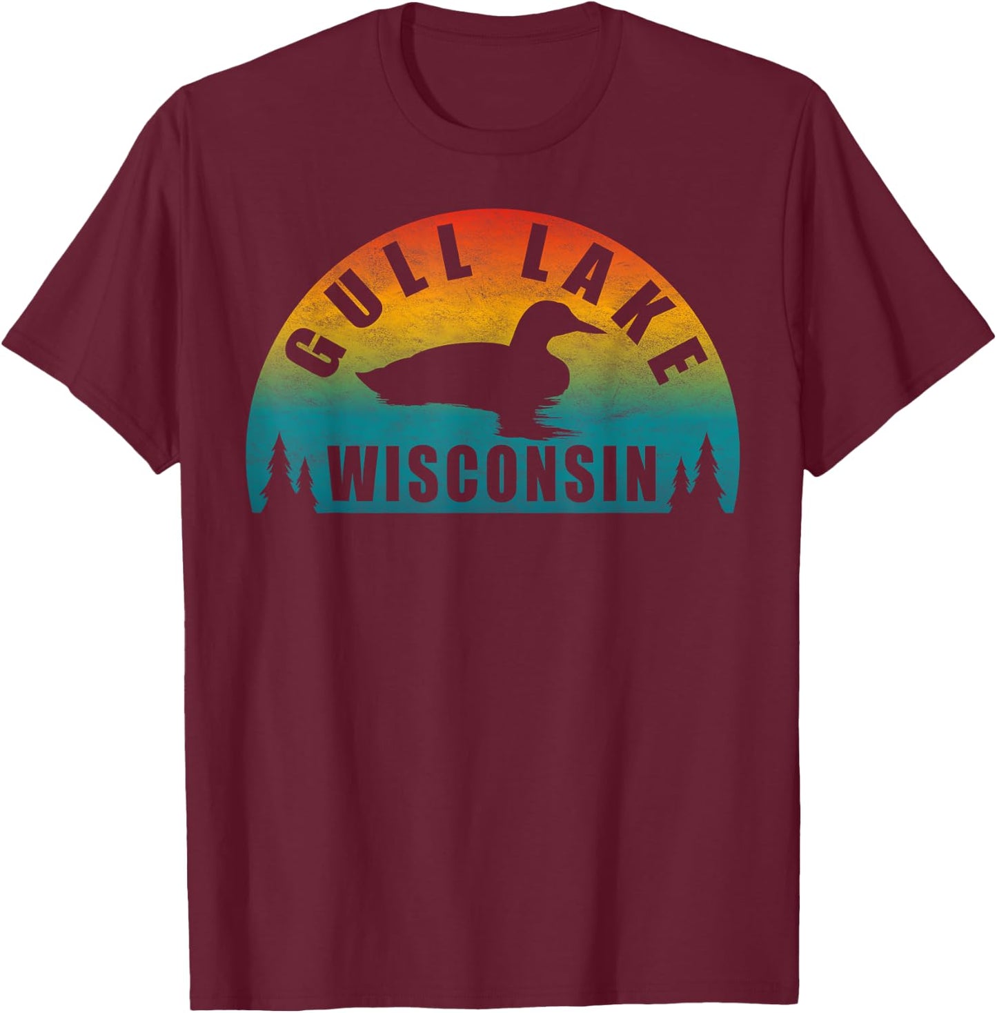 Gull Lake Northern Wisconsin Sunset Loon T-Shirt - T-Shirt | Maroon