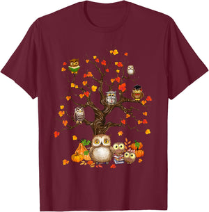 Owls Leaves Tree Fall Autumn Pumpkin Halloween Owl Lover Kid T-Shirt - T-Shirt | Maroon