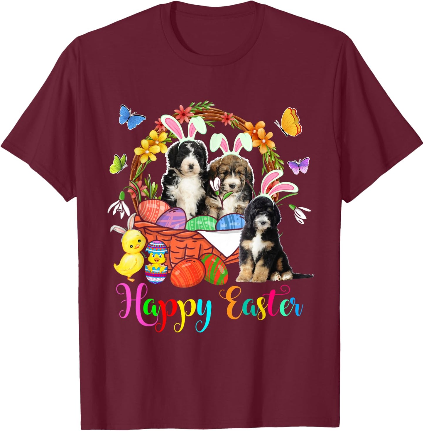 Three Bunny Bernedoodle Dogs In Easter Eggs Basket T-Shirt - T-Shirt | Maroon