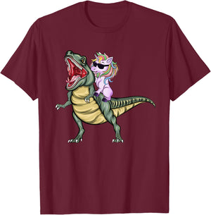Unicorn Riding Dinosaur T Rex Halloween Kids Girls Boys T-Shirt - T-Shirt | Maroon