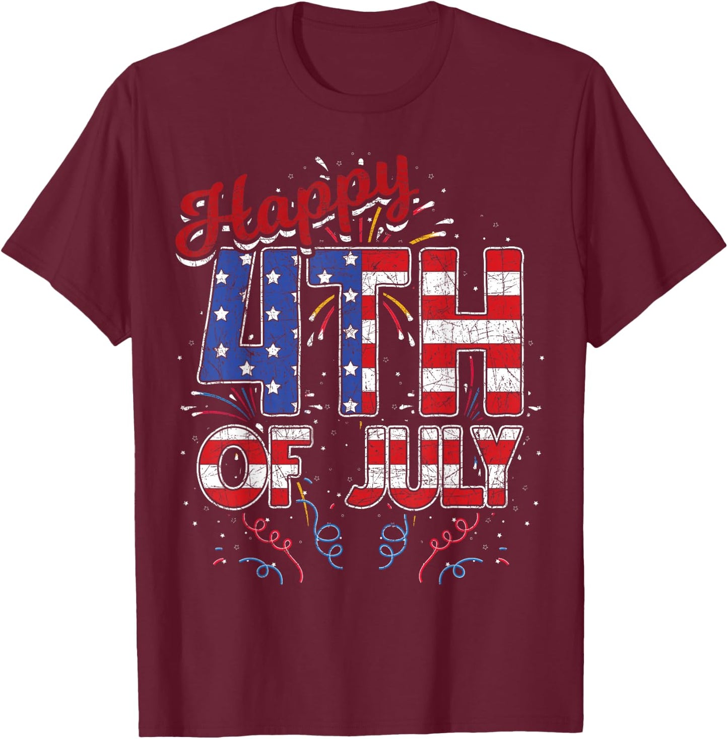 Fireworks Happy 4th of July US Flag American 4th of July T-Shirt - T-Shirt | Maroon
