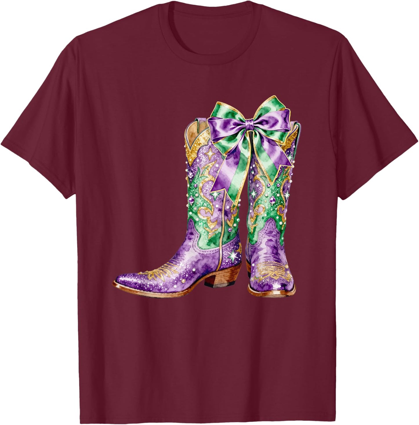 Mardi Gras Western Cowgirl Boots Coquette Bow Women Girls T-Shirt - T-Shirt | Maroon