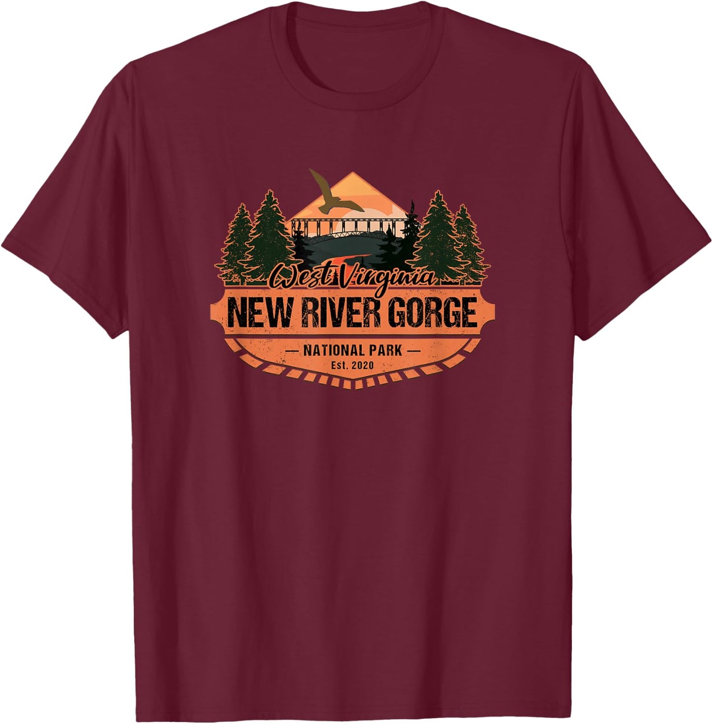 KAEDAM Gifts: New River Gorge National Park Hiking Souvenir - -Adults, Kids - Black - Short Sleeve - Classic Fit - Cotton, Cotton Blend - Small T-Shirt - T-Shirt | Maroon