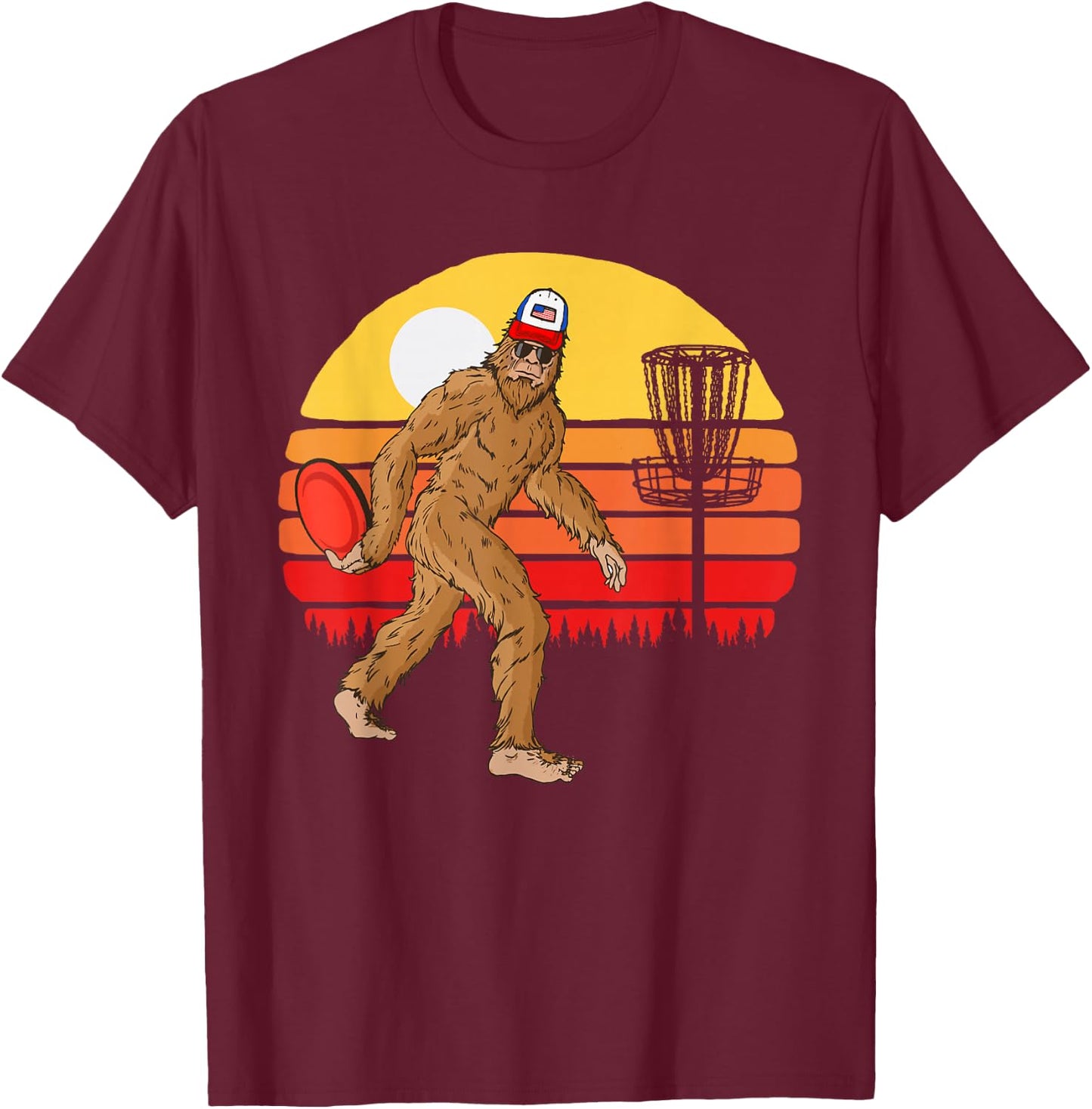 Retro Disc Golf Bigfoot Vintage Discus Sasquatch 80s Sunset T-Shirt - T-Shirt | Maroon