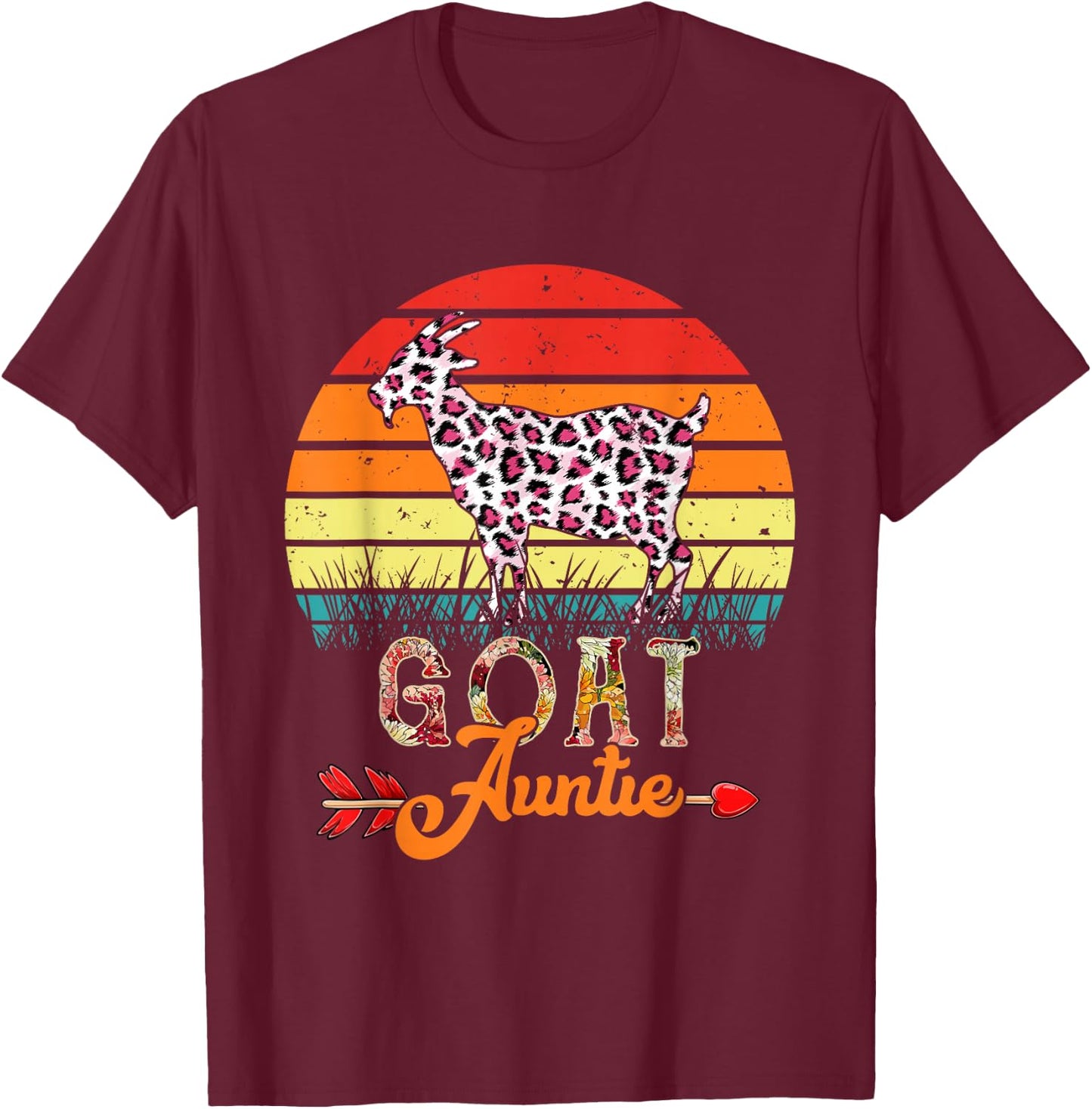 Vintage Retro Goat Auntie Flowers Leopard Goat Mother's Day T-Shirt - T-Shirt | Maroon