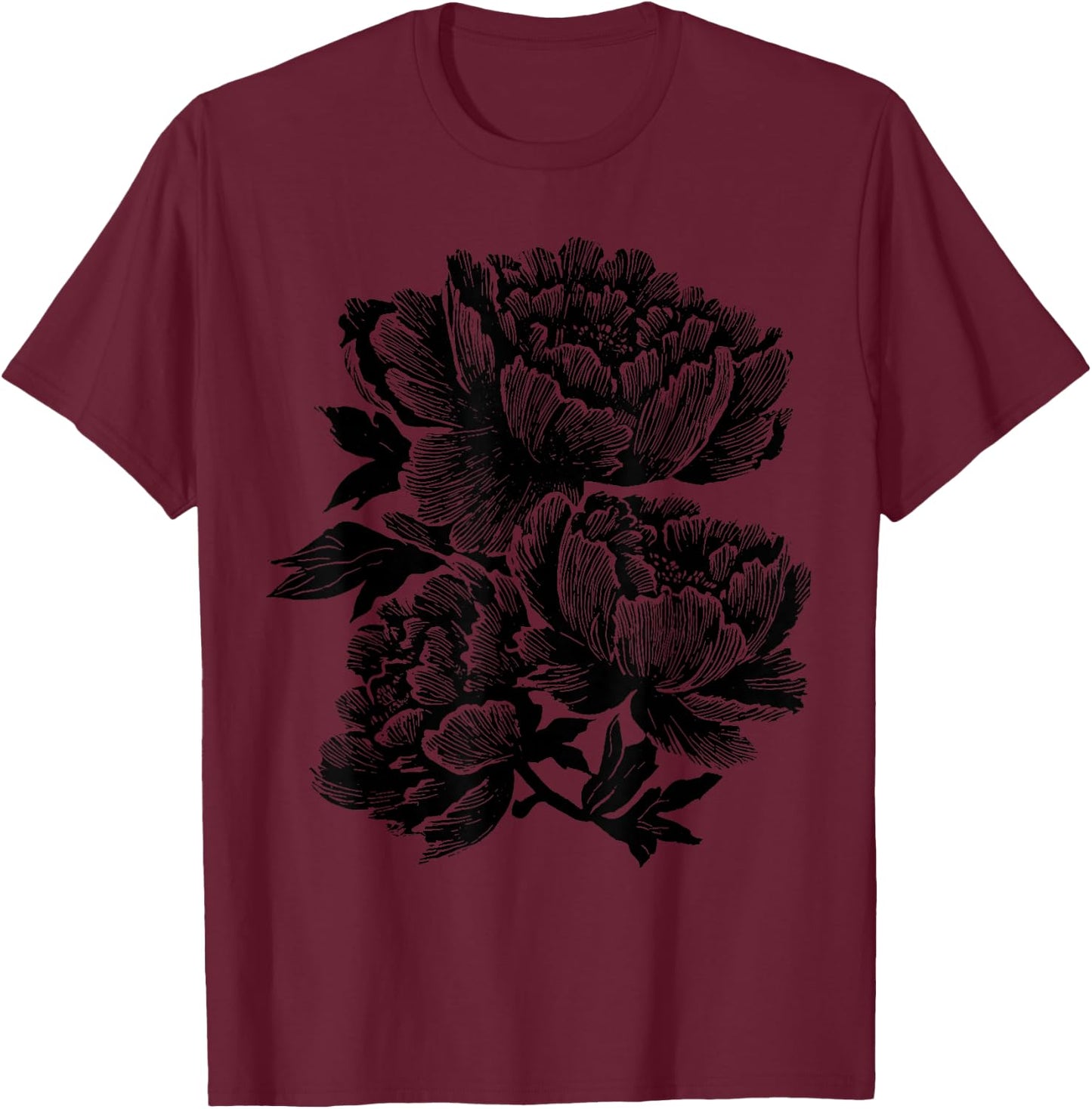 Peony Flower Botanical Vintage Wildflower Floral T-Shirt - T-Shirt | Maroon