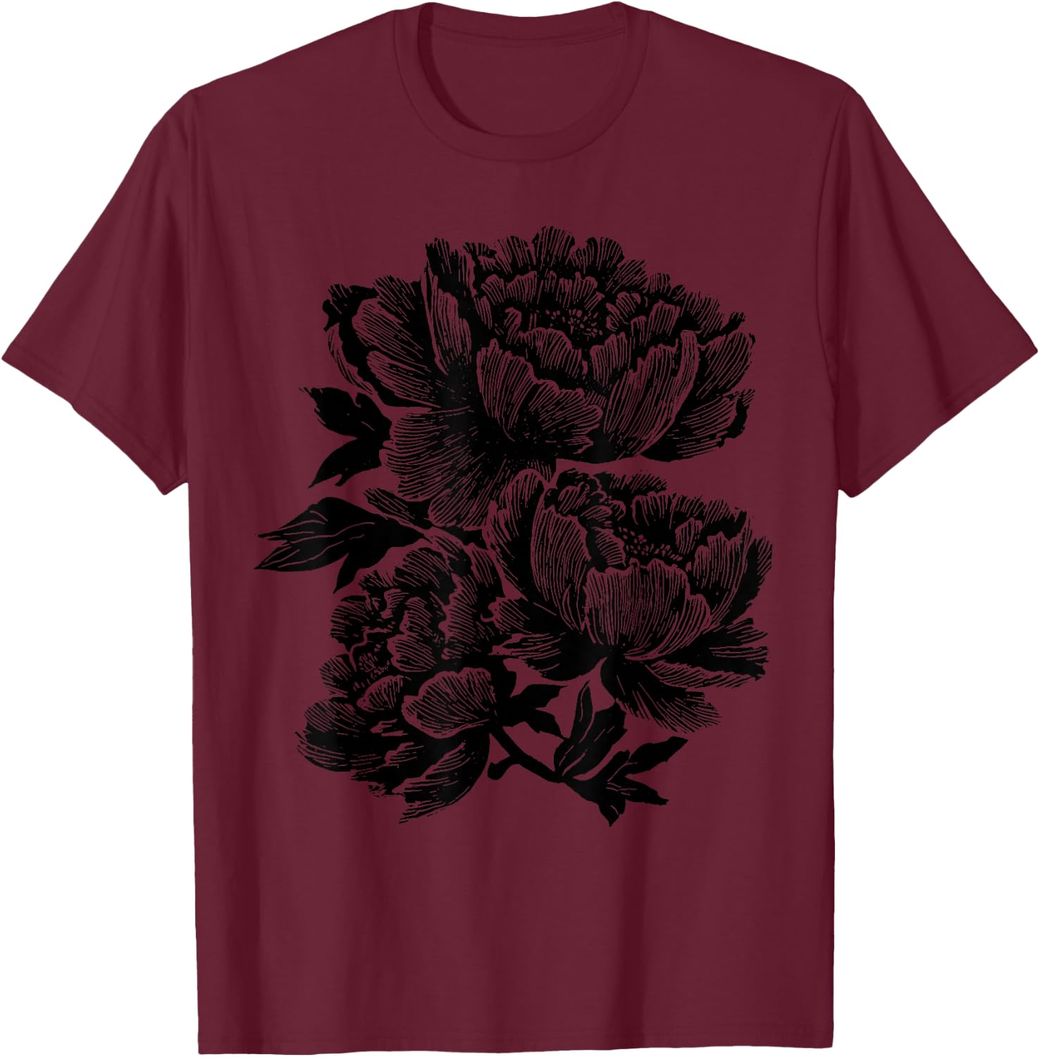 Peony Flower Botanical Vintage Wildflower Floral T-Shirt - T-Shirt | Maroon