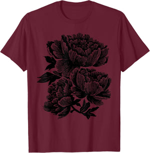 Peony Flower Botanical Vintage Wildflower Floral T-Shirt - T-Shirt | Maroon