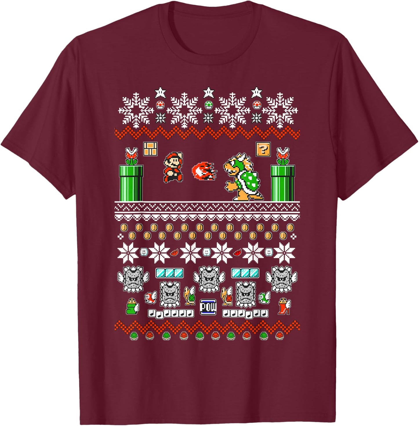 Super Mario and Bowser Game Play Ugly Christmas Design T-Shirt - T-Shirt | Maroon