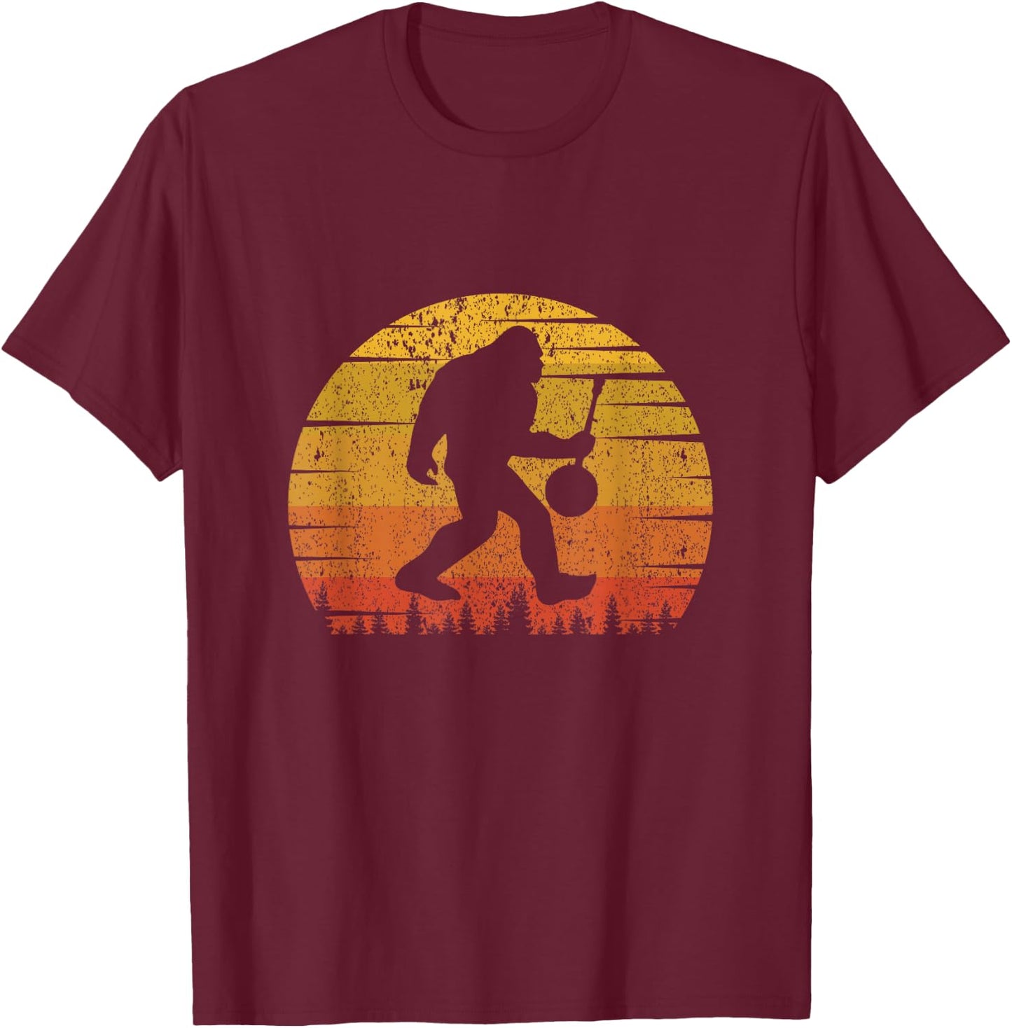 Vintage Retro Sunset Funny Bigfoot Banjo Player T-Shirt - T-Shirt | Maroon