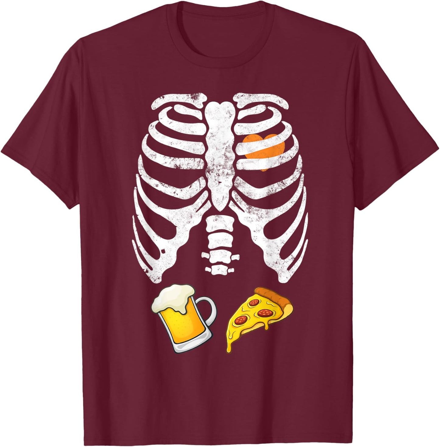 Skeleton Halloween Beer Pizza Funny Pregnancy X Ray T-Shirt - T-Shirt | Maroon