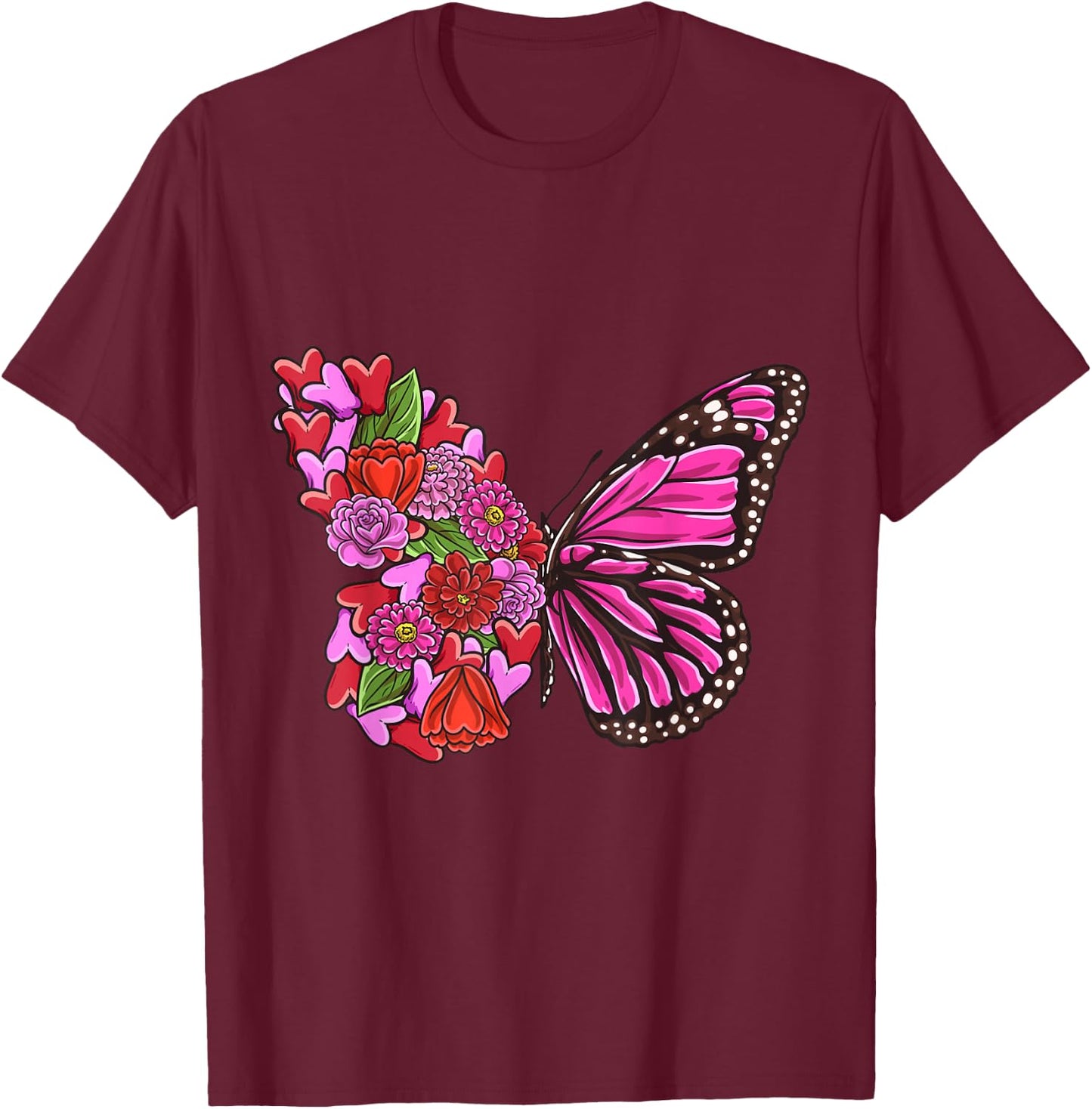 Beautiful Butterfly with half Pink flowers butterflies girl T-Shirt - T-Shirt | Maroon
