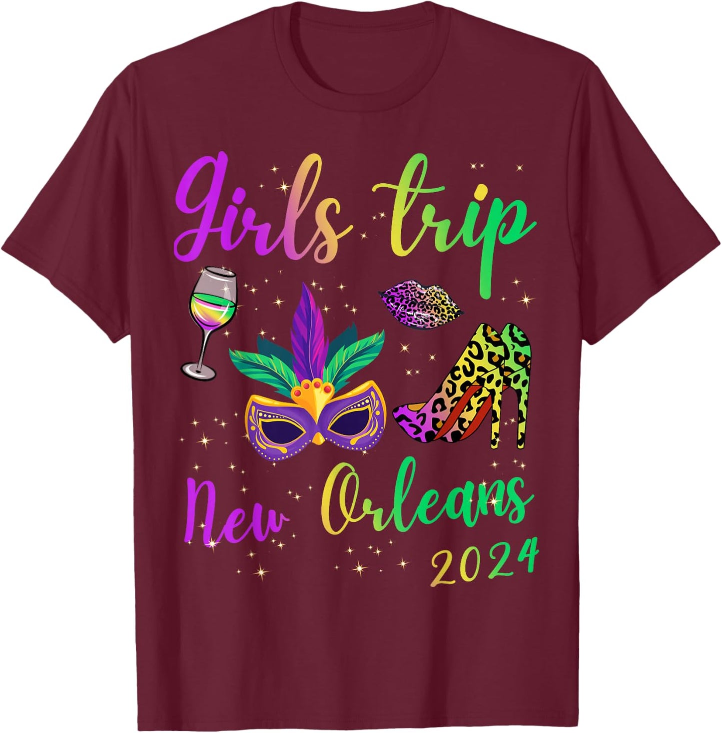 Girls Trip New Orleans 2024 Mardi Gras Mask Beads Matching T-Shirt - T-Shirt | Maroon