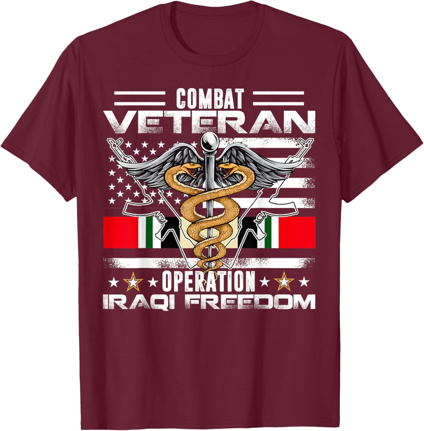 Proud Combat Veteran Iraqi Freedom Military US American Flag Women Kids Men T-Shirt - T-Shirt | Maroon