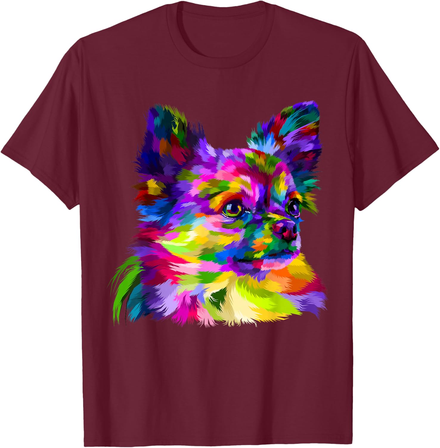 Long Hair Chihuahua Pop Art Portrait Art for Dog Owners T-Shirt - T-Shirt | Maroon