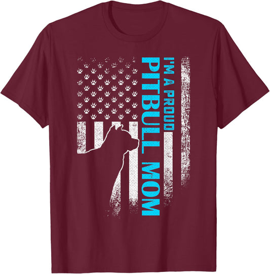 Vintage USA American Flag I'm A Proud Pitbull Mom Pittie Dog Kids Men T-Shirt - T-Shirt | Maroon