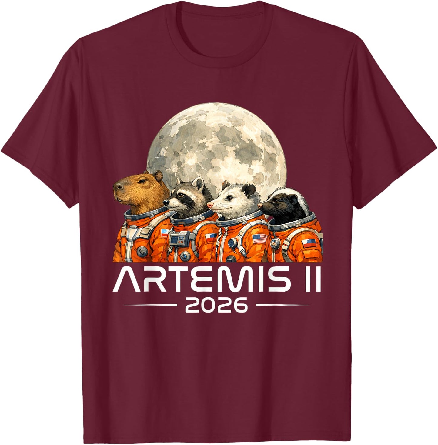 Artemis 2 Crew Funny Animals Mission to Moon 2026 Spacecraft T-Shirt - T-Shirt | Maroon
