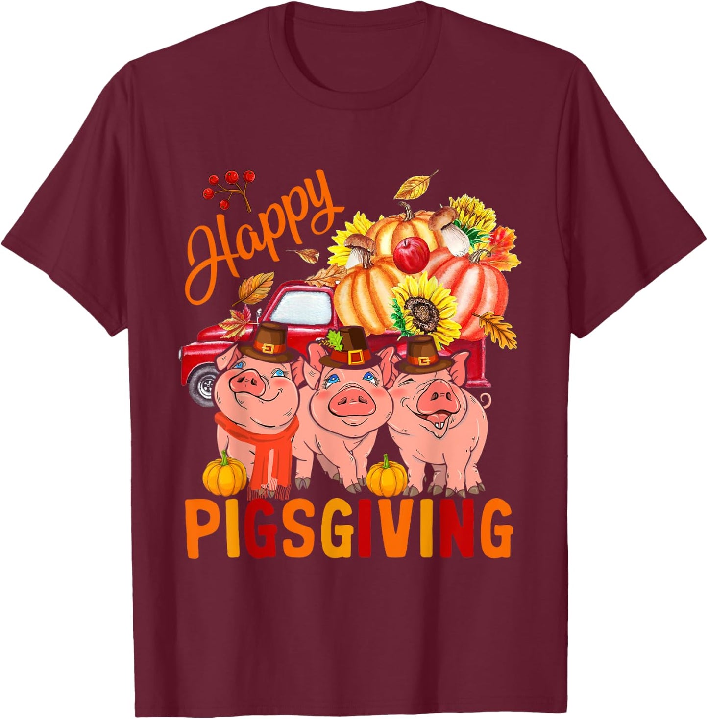 Happy Pigsgiving Three Pigs Pickup Truck Carrying Pumpkins T-Shirt - T-Shirt | Maroon