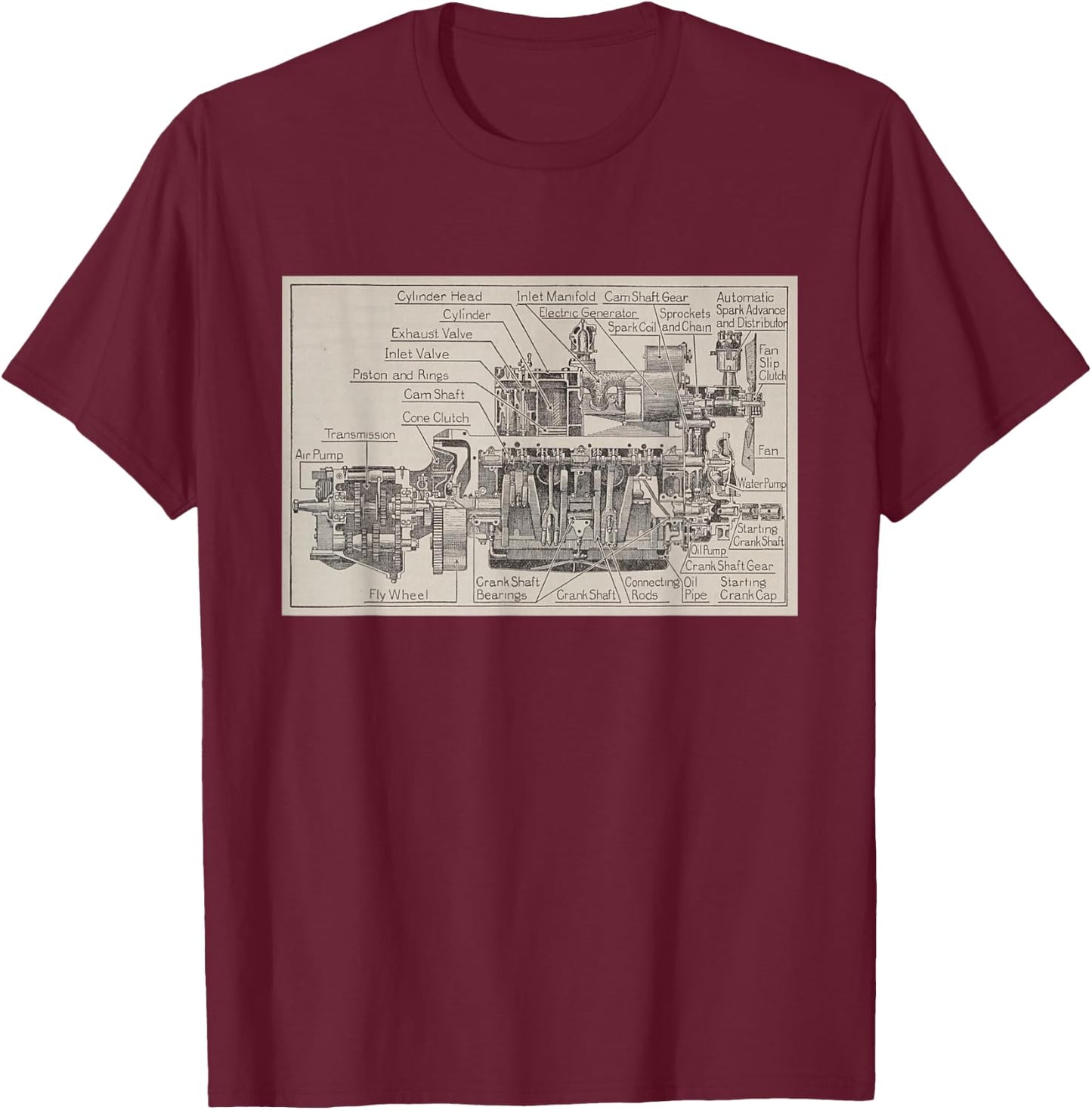Early Automobile Engine & Transmission Diagram T-Shirt - T-Shirt | Maroon