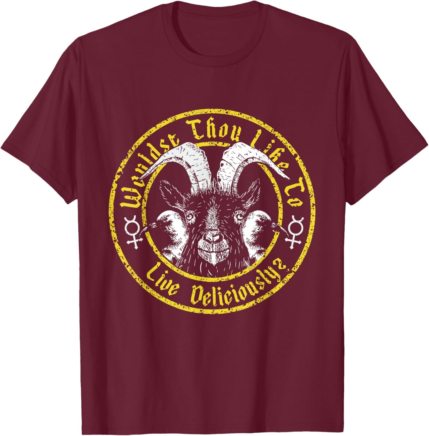 Live Deliciously - Vintage Cartoon Goat - Black Phillip T-Shirt - T-Shirt | Maroon