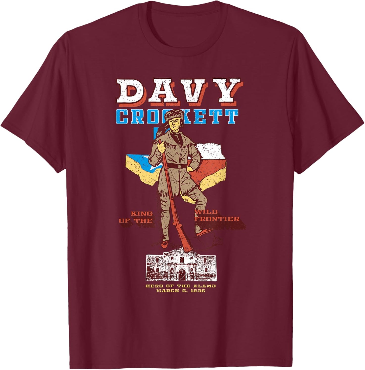 Davy Crockett Texas Alamo Cowboy Vintage Souvenir T-Shirt - T-Shirt | Maroon