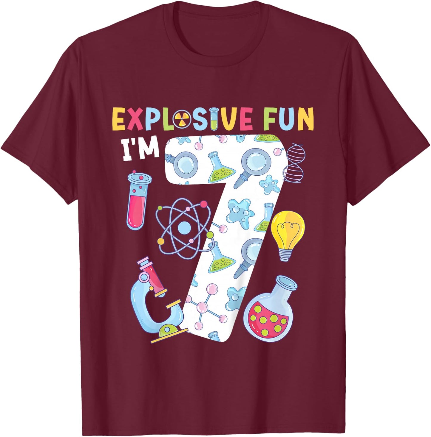 Kids 7th Science Birthday Party 7 Year Old Scientist Birthday T-Shirt - T-Shirt | Maroon