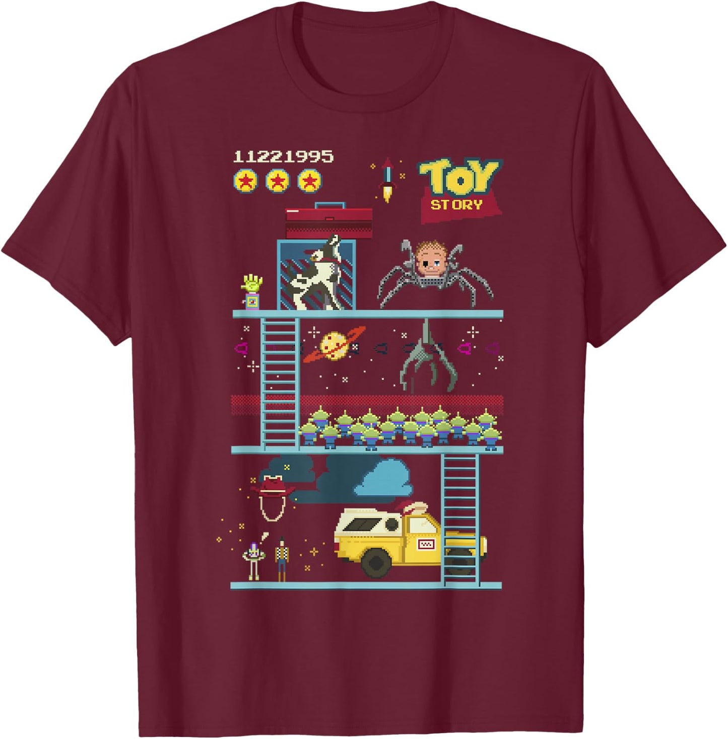 Disney Pixar Toy Story 8-Bit Video Game Scene T-Shirt - T-Shirt | Maroon