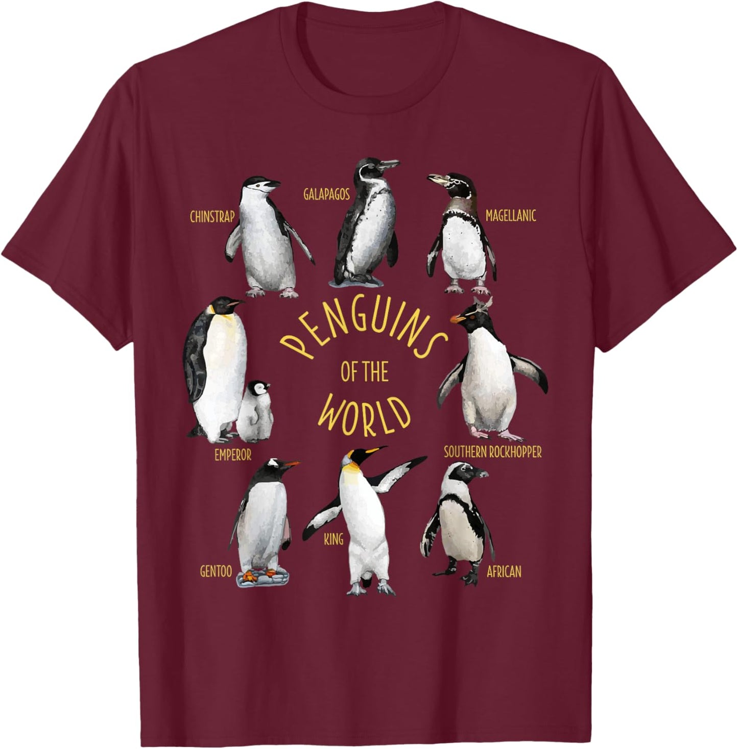 All Types Of Penguins Of The World Funny Penguin Lover Gift T-Shirt - T-Shirt | Maroon