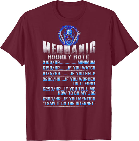 Mechanic Hourly Rate Skull (on back) T-Shirt - T-Shirt | Maroon