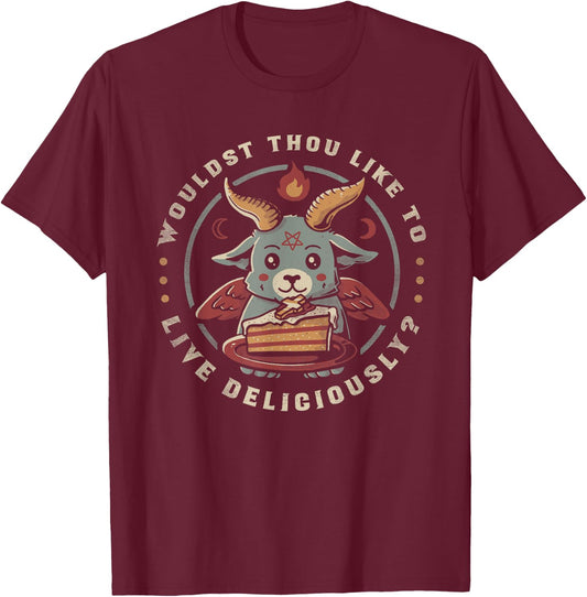 Live Deliciously Cute Goat Satan Devil Foodie Funny Baphomet T-Shirt - T-Shirt | Maroon