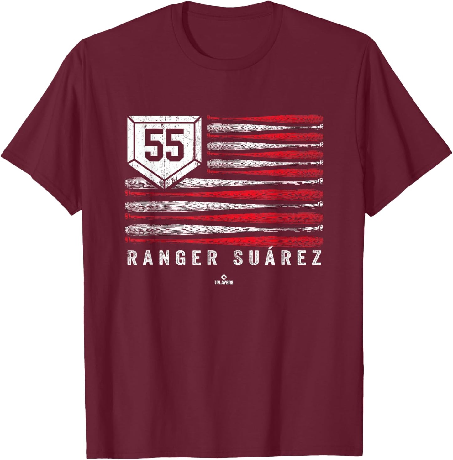 Vintage US Flag Baseball Stripes Ranger Suarez MLBPA T-Shirt - T-Shirt | Maroon