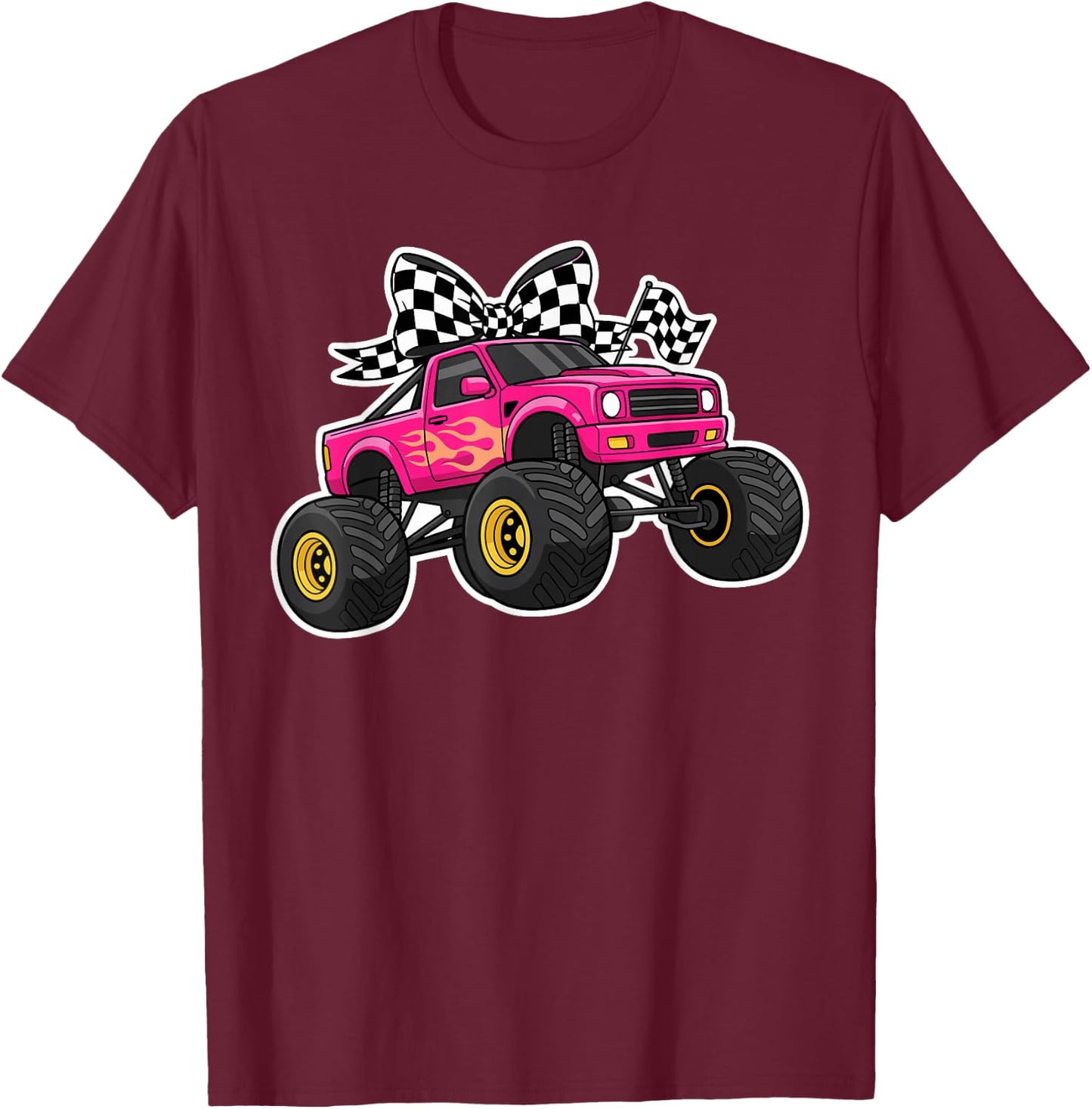 Pink Monster Truck Bow Shirt Women, Cute Girls Truck Lover T-Shirt - T-Shirt | Maroon