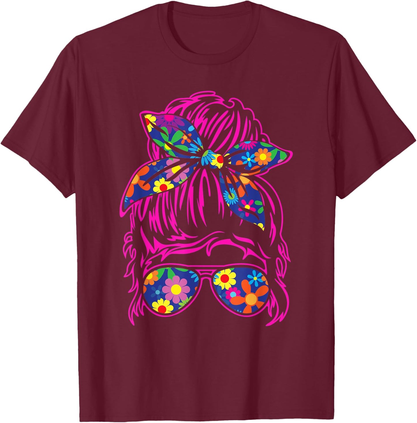 Messy Hair Bun with Bandana Ribbon and Sunglasses Design T-Shirt - T-Shirt | Maroon