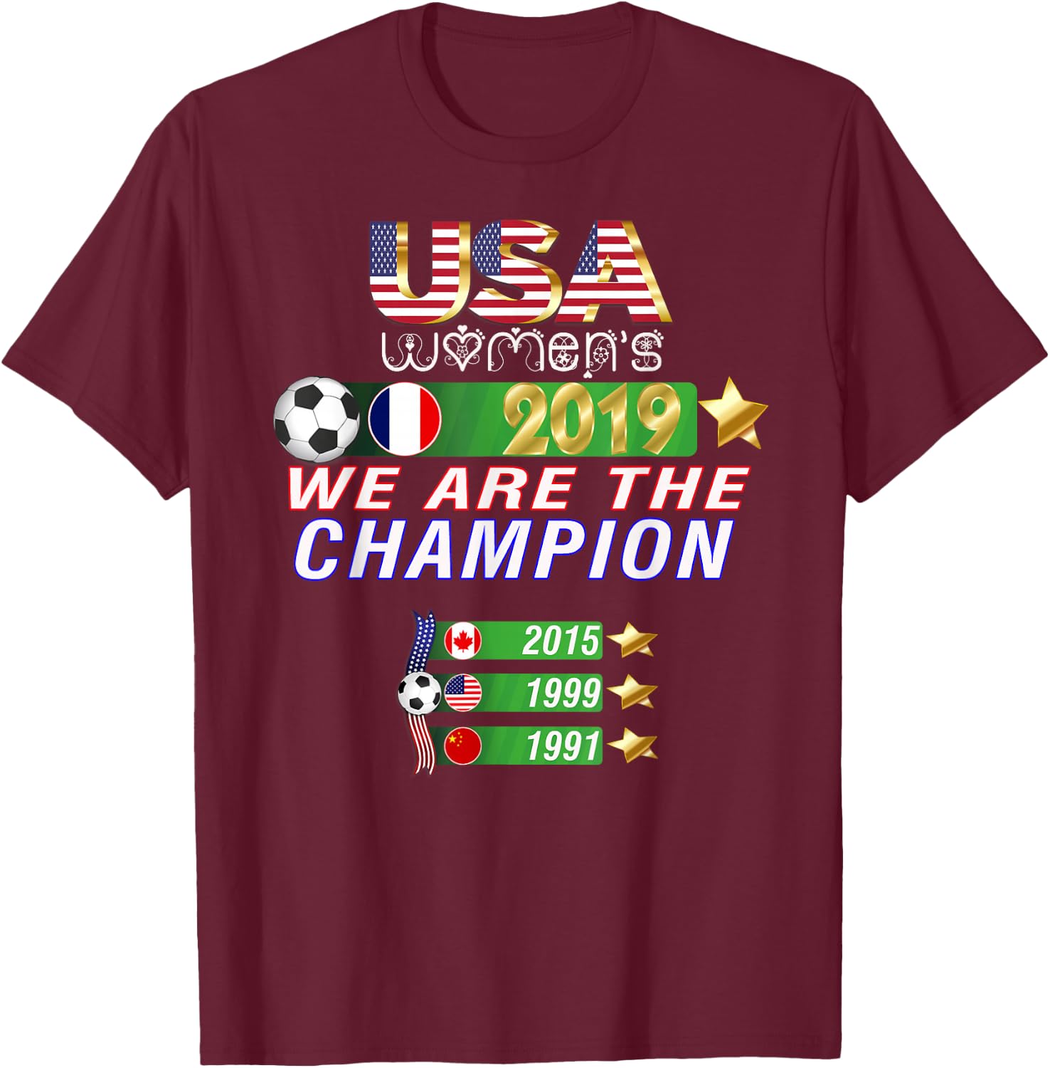 USA Women Soccer, World Champion 2019, 4 stars T-Shirt - T-Shirt | Maroon