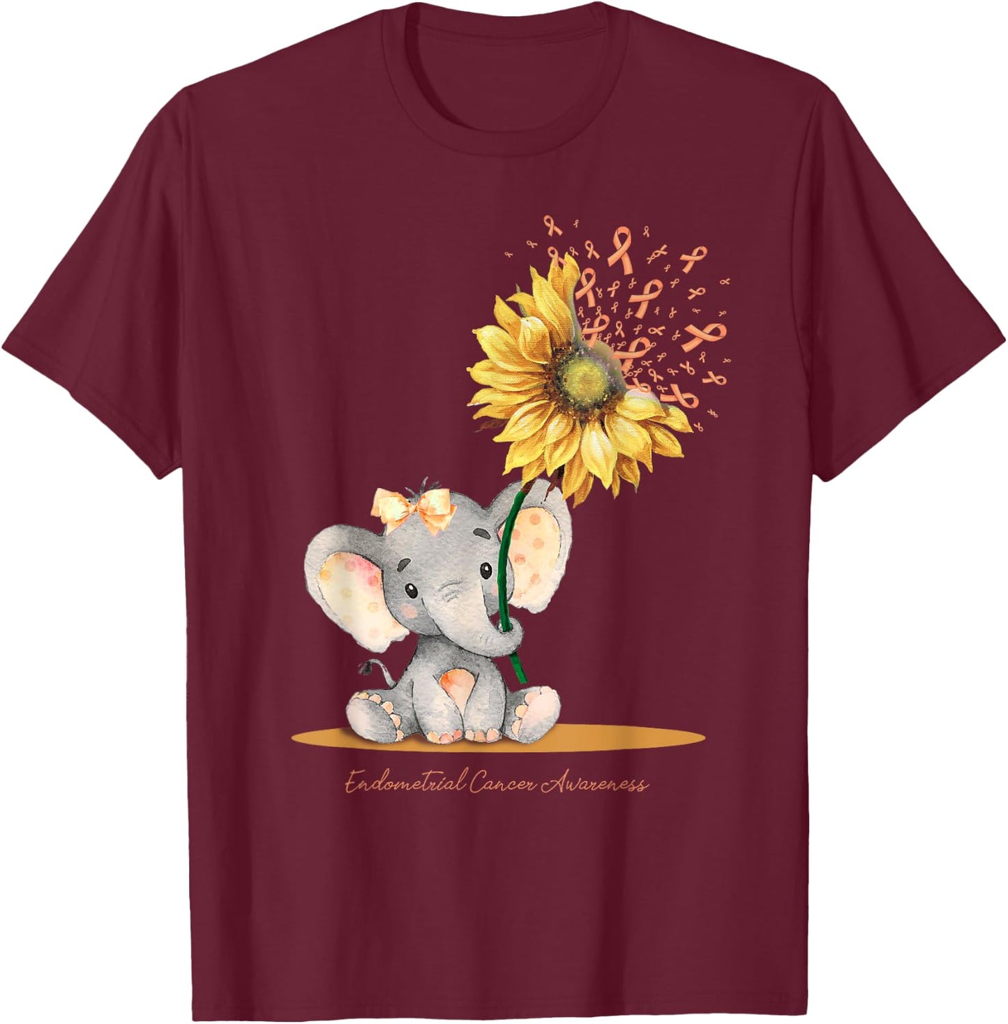 ENDOMETRIAL CANCER AWARENESS Cute Elephant Sunflower Peach T-Shirt - T-Shirt | Maroon