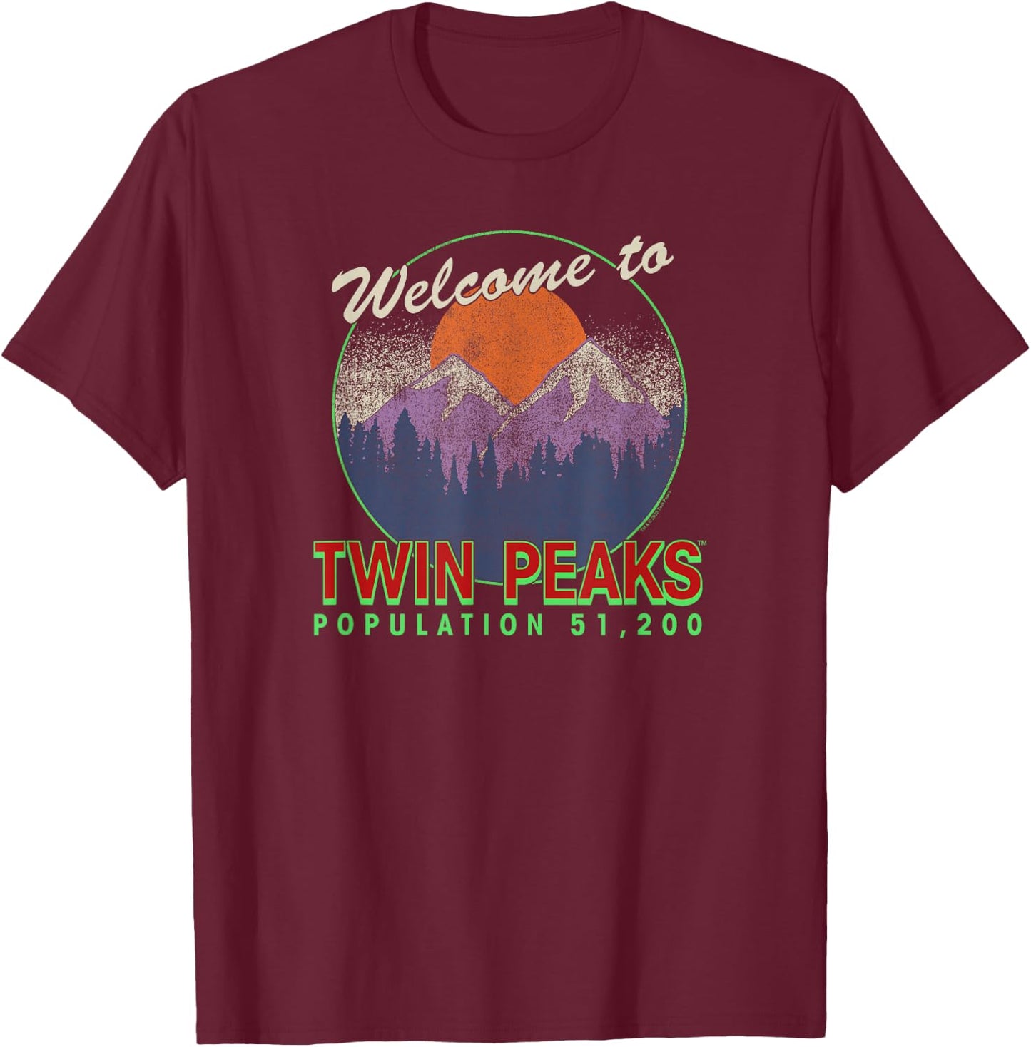 Twin Peaks Illustrated Welcome to Twin Peaks Pop. 51,200 TV T-Shirt - T-Shirt | Maroon