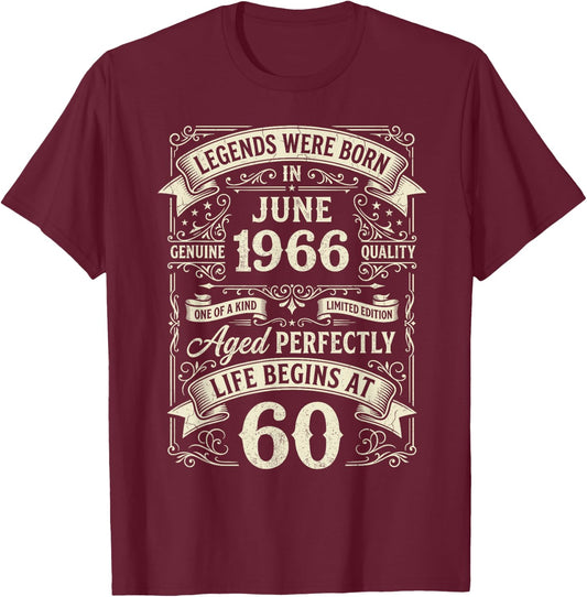 Vintage 60th Birthday Legends Born in June 1966 T-Shirt - T-Shirt | Maroon