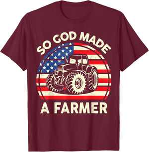 So God Made Farmer Christian Dad Gift Tractor American Flag T-Shirt - T-Shirt | Maroon