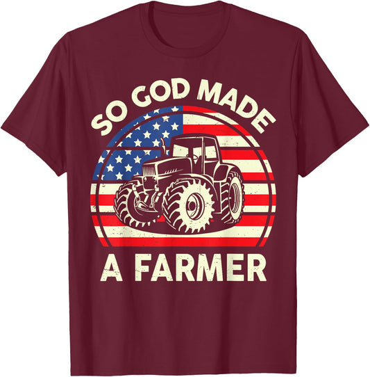 So God Made Farmer Christian Dad Gift Tractor American Flag T-Shirt - T-Shirt | Maroon