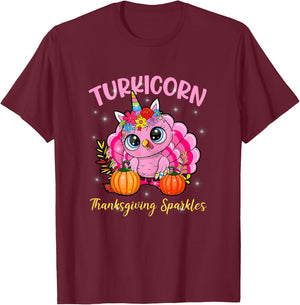 Cute Unicorn Turkey Sparkles Funny Thanksgiving Women Girl T-Shirt - T-Shirt | Maroon